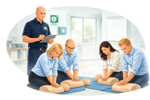 BHV instructeur begeleidt cursisten tijdens een praktische reanimatie oefening op reanimatiepoppen