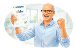 Blije BHV cursist met bril toont officieel NIBHV certificaat na geslaagde BHV cursus